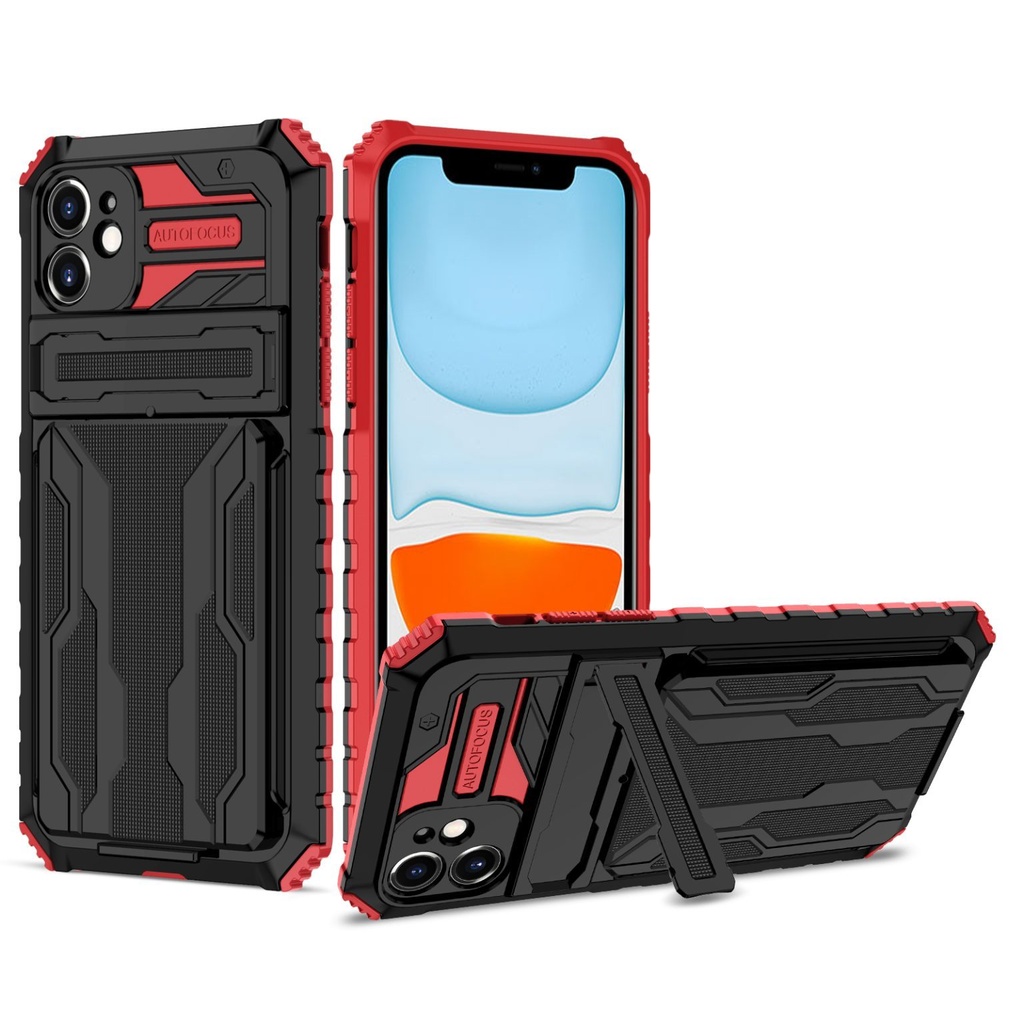 iPhone 12 Pro Max Fashion Phone Cover Case with A Card Slot & Card Holder (i-Crystal) Black+red