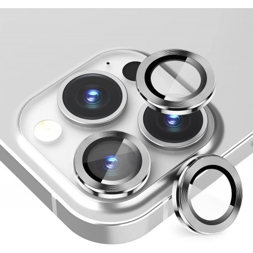 iPhone 14 Pro/14 Pro Max Luxury Metal Ring 9H Camera Lens Protector Film Silver- CD Stripe