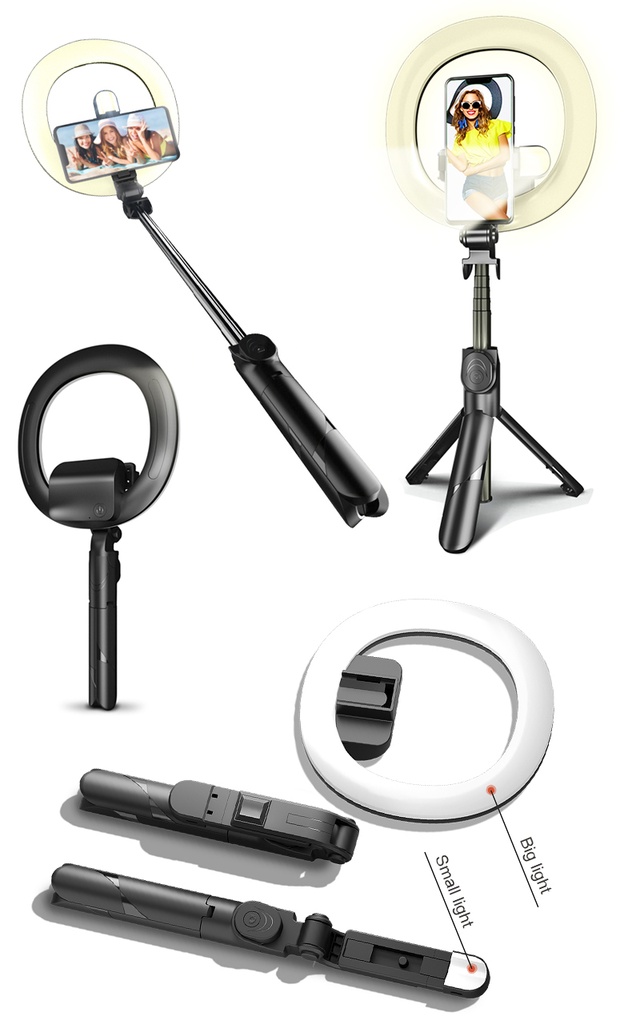 Selfie stick tripod with a removable LED halo, suitable for self portrait or street broadcast 18cm Ring Light XT-18+ BLACK